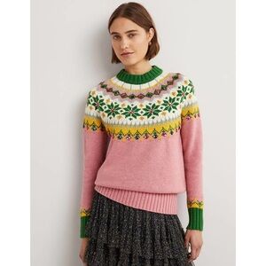 NWT Boden Embellished Fair Isle  Sweater Pink & Green - Size 12